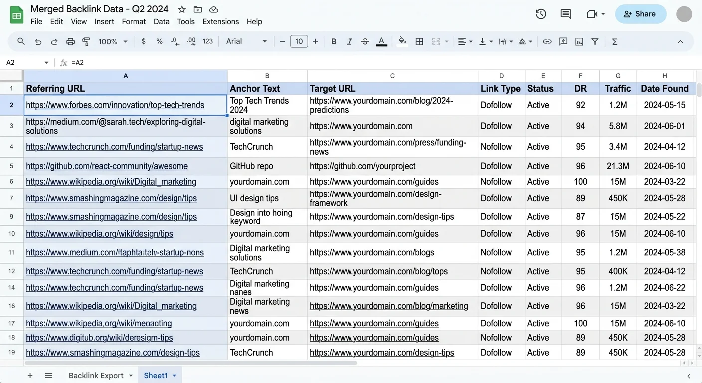 Clean backlink export spreadsheet ready for anchor text audit