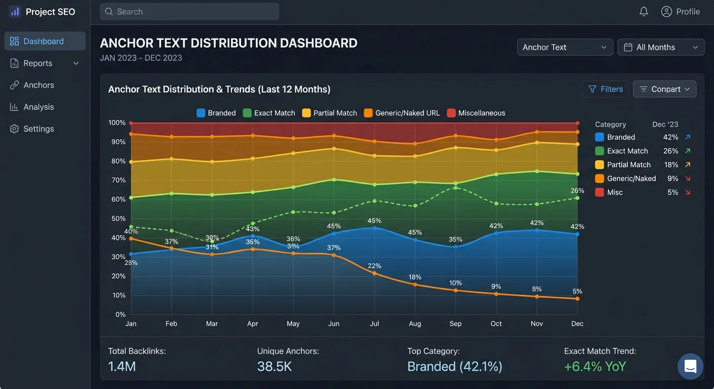Anchor text distribution monitoring dashboard for SEO audit