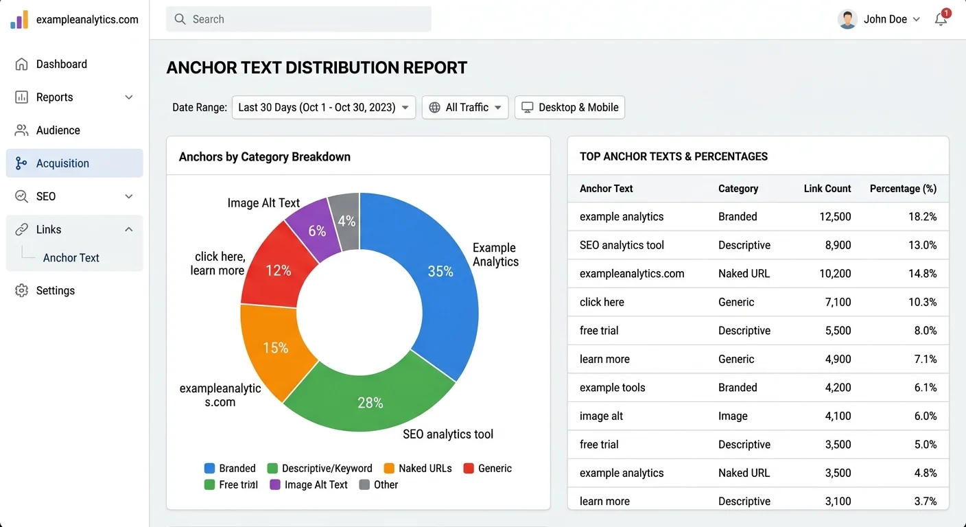 Anchor text audit report showing distribution of anchor types across a backlink profile